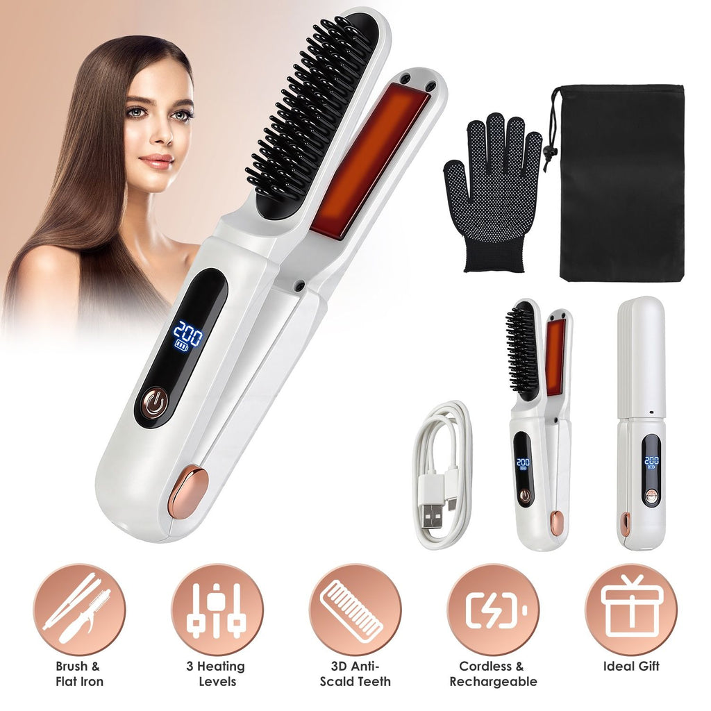 2 In 1 Ceramic Hair Straigh2 In 1 Ceramic Hair Straightener Flat Iron Cordless Htener Flat Iron Cordless Hair Straightener Brush Hair Portable Styling Iron with Carry Bag Anti-scald Gloves 2 Hairpins