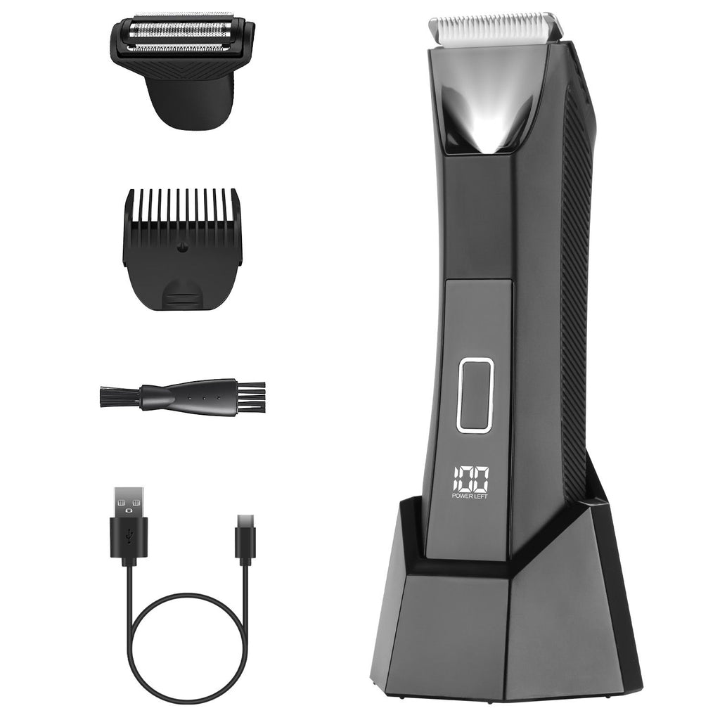 2 In 1 Electric Body Trimmer for Men Cordless Beard Groin Ball Pubic Hair Shaver IPX7 Waterproof Razor with LED Light LCD Display Guard Comb Shaving Head