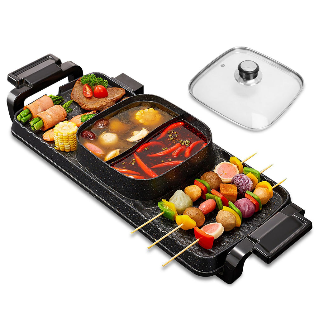 2 in 1 Electric Hot Pot with Grill 2800W Smokeless Non-Stick Korean BBQ Grill Shabu Shabu Hot Pot Combo with Independent Temperature Control 5 Gears Firepower For 3-10 People