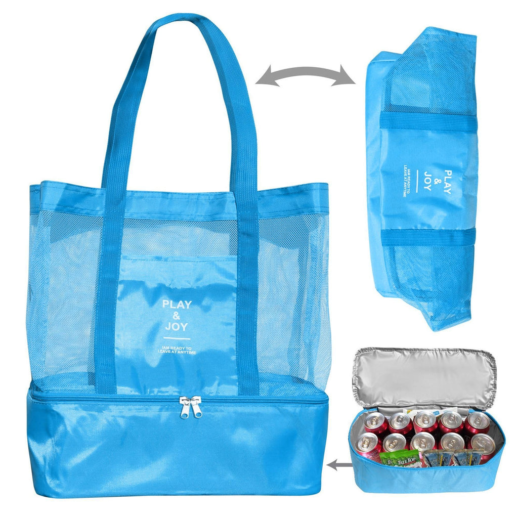 2 in 1 Mesh Swim Tote Bag with Insulated Cooler Compartment, Foldable Waterproof Beach Bag for Swimming Gym Picnic Travel