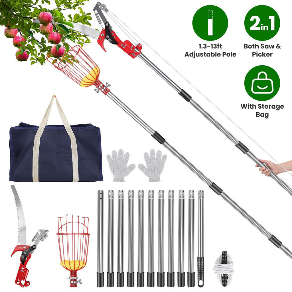 2-in-1 Pole Saw & Fruit Picker with 1.3-9.6FT Extendable Stainless Steel Pole Manual Tree Pruner with 65Mn Steel Blade Fruit Picking Basket Storage Bag