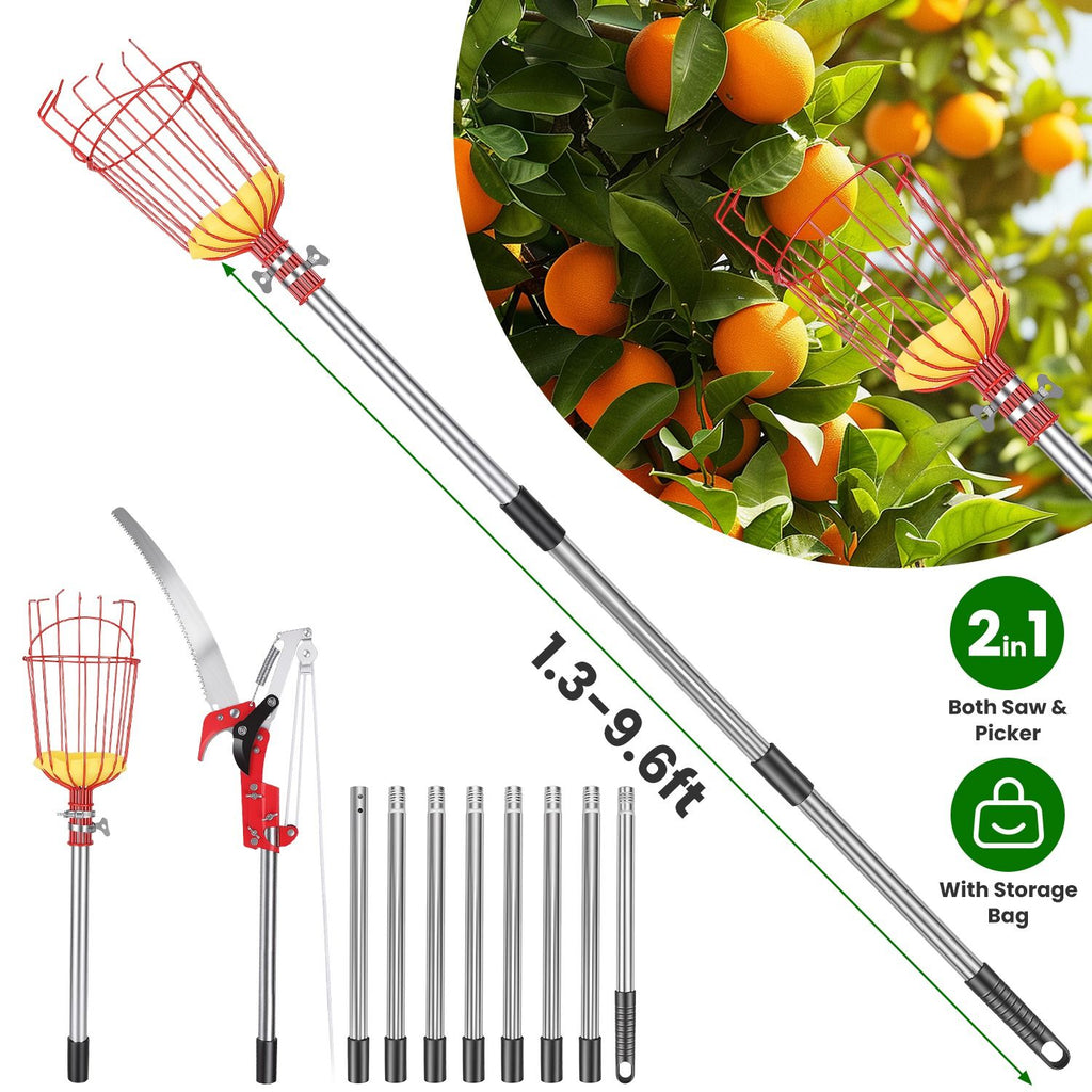 2-in-1 Pole Saw & Fruit Picker with Extendable Stainless Steel Pole