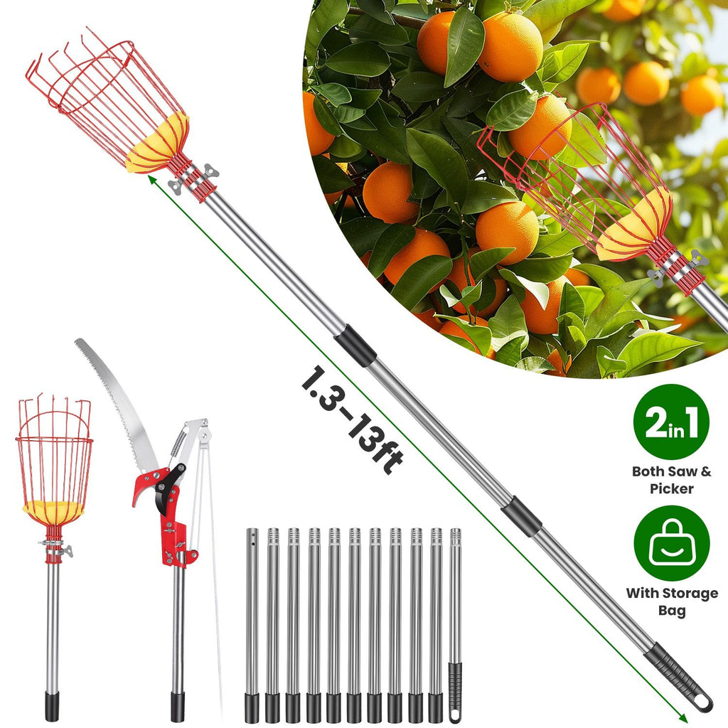 2-in-1 Pole Saw & Fruit Picker with Extendable Stainless Steel Pole
