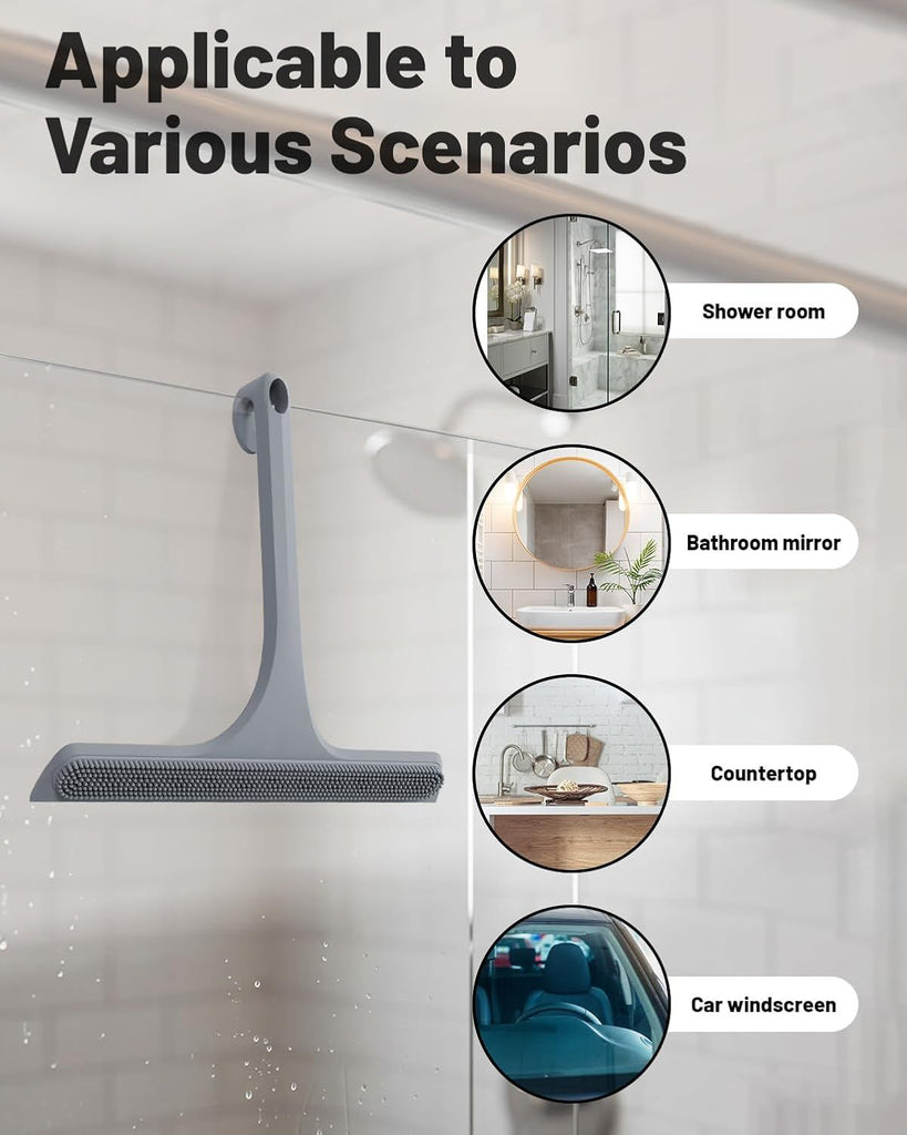 2-in-1 Silicone Shower Squeegee with Hook, Dual-Sided Design with Scraper & Scrub Surface,Rust-Proof Stainless Core,Streak-Free Bathroom Squeegee for Glass Doors,Mirrors,Windows,Car Windshields (Gray)