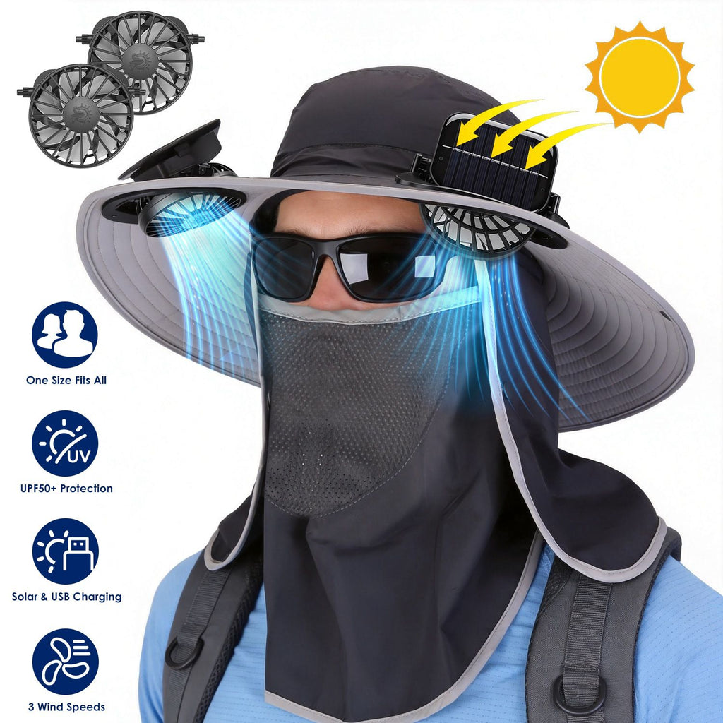 2 In 1 Solar Fan Hat UPF50+ Sun Hat With Fans Wide Brim Fishing Hat with Face Cover Neck Flap Solar USB Charging for Hiking Gardening Outdoor Work