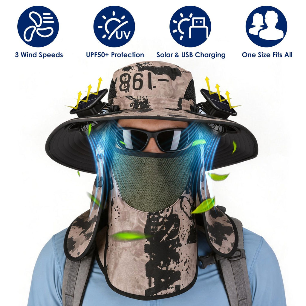 2 In 1 Solar Fan Hat UPF50+ Sun Hat With Fans Wide Brim Fishing Hat with Face Cover Neck Flap Solar USB Charging for Hiking Gardening Outdoor Work