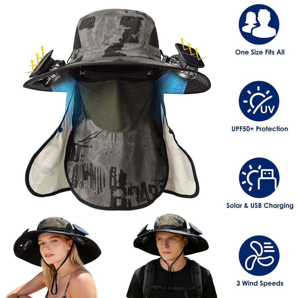 2 In 1 Solar Fan Hat UPF50+ Sun Hat With Fans Wide Brim Fishing Hat with Face Cover Neck Flap Solar USB Charging for Hiking Gardening Outdoor Work