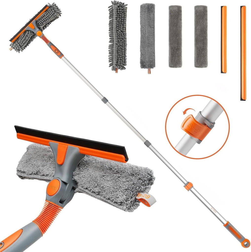 2-in-1 Window Cleaner Tool, 64'' Window Squeegee for Home, Window Cleaning Squeegee Kit with Telescopic Pole, Window Washing Kit with Rotatable Bendable Head(Threaded + Telescopic)