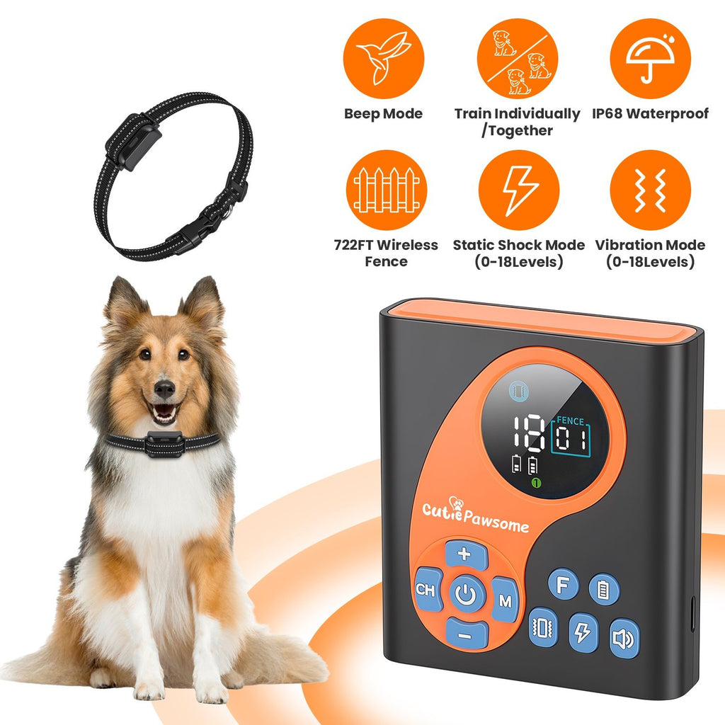 2 In 1 Wireless Dog Fence System with 1/2 Training Collars(Options) Invisible Dog Fence IP68 Waterproof with 722FT Adjustable Range Beep Vibration Static Shock