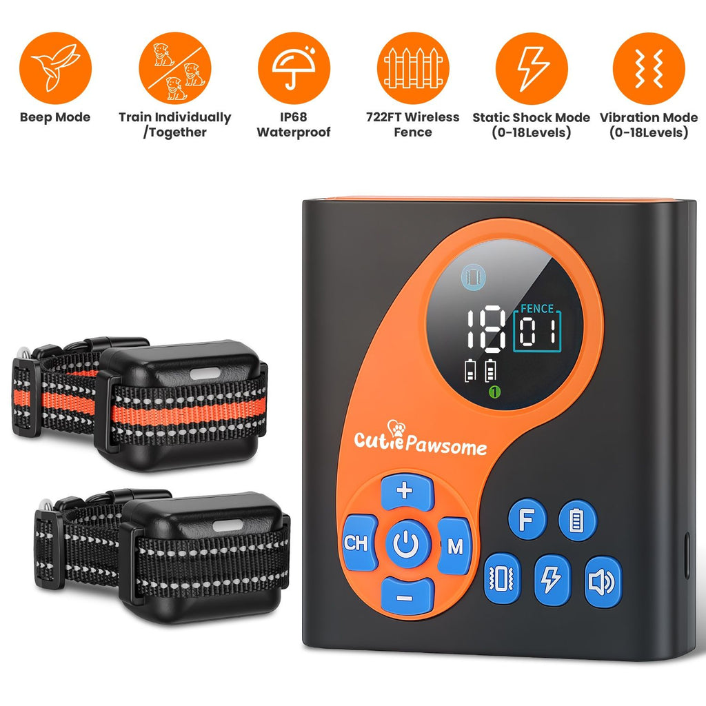 2 In 1 Wireless Dog Fence System with 1/2 Training Collars(Options) Invisible Dog Fence IP68 Waterproof with 722FT Adjustable Range Beep Vibration Static Shock