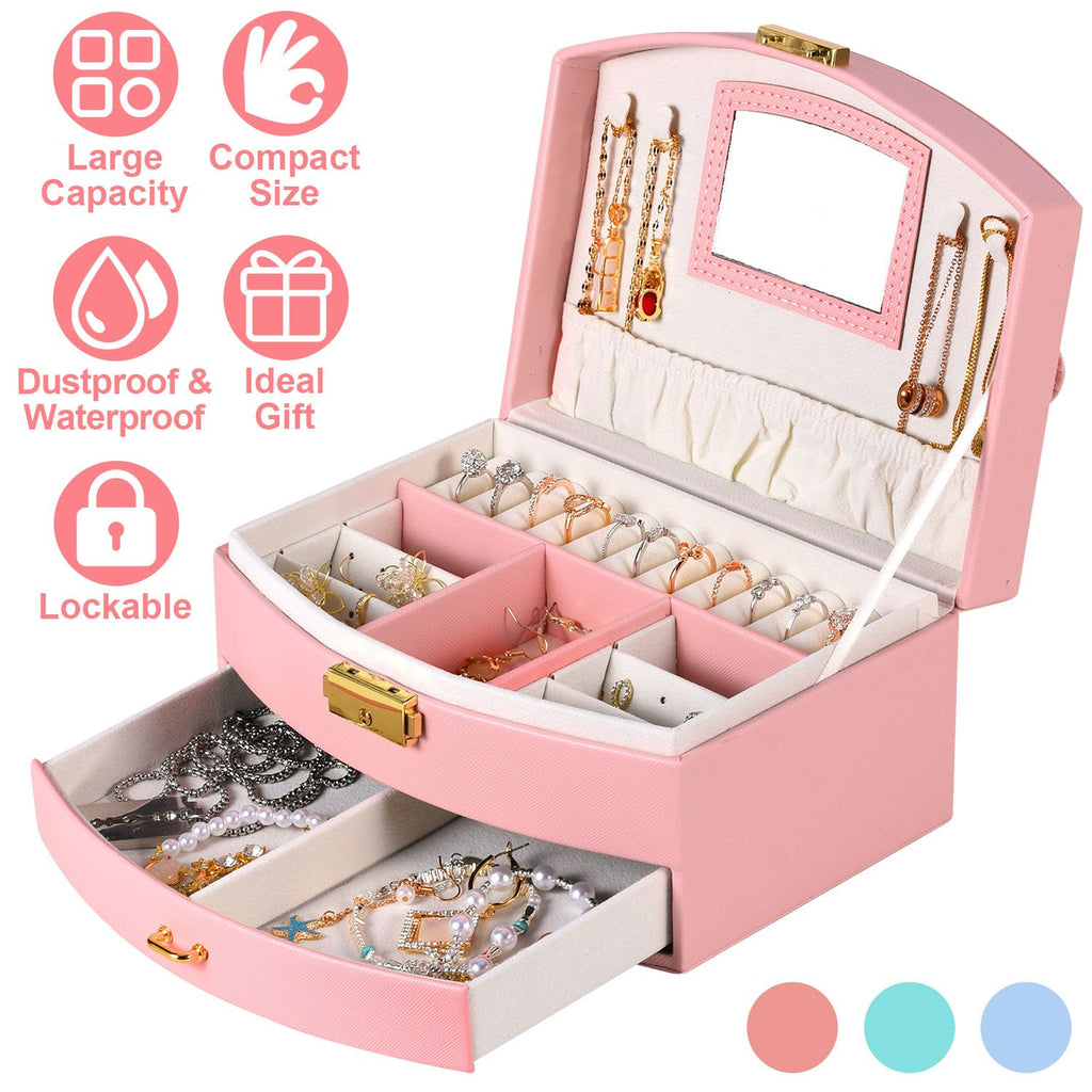 2-Layer Jewelry Box for Women Girls Lockable Leather Jewelry Organizer Jewelry Travel Case for Rings Earrings Necklaces Bracelets