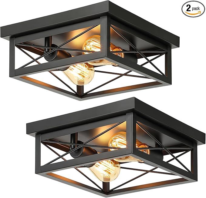 2-Light Industrial Square Flush Mount Ceiling Light, Farmhouse Ceiling Light Fixture for Kitchen, Modern Black Close to Ceiling Light for Hallway Bedroom Balcony Porch Stairway, E26, 2-Pack
