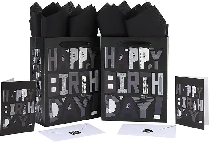 2-Pack 10.6' Medium Black Happy Birthday Gift Bag Set with Greeting Cards and Tissue Papers for Men Boys Kids Teens, Cartoon Birthday Design, 2 Pcs
