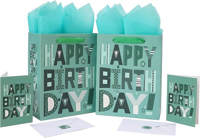 2-Pack 10.6'' Medium Green Birthday Gift Bag Set with Greeting Cards and Tissue Papers for Men Boys Kids Women Girls Teens, Cartoon Design, 2 Pcs