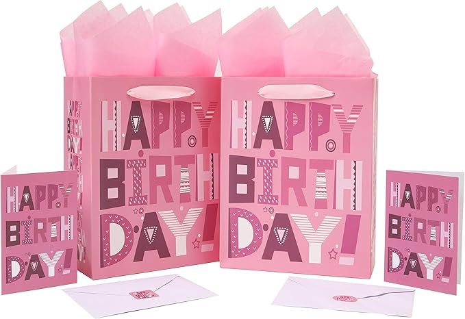 2-Pack 10.6'' Medium Pink Birthday Gift Bag Set with Greeting Cards and Tissue Papers for Women Girls Kids Teens, Cartoon Design, 2 Pcs