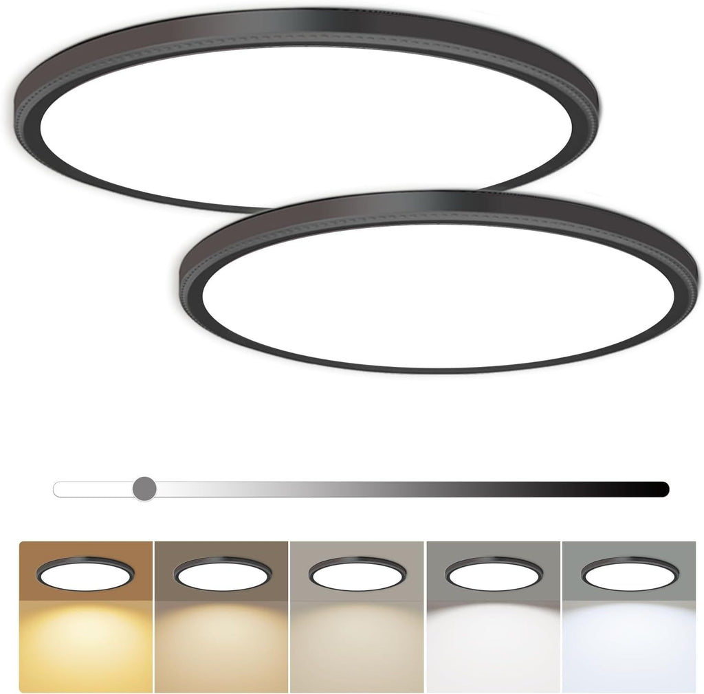 2 Pack 12 Inch Dimmable LED Flush Mount Ceiling Light Fixture 28W 3200LM 5 Color Temperature in One Super Slim Round Ceiling Lamp Low Profile Ceiling Lights for Living Bedroom Kitchen Laundry Black
