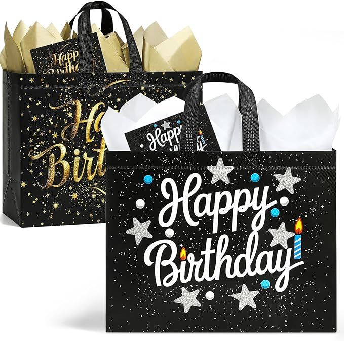 2 Pack 13" Large Birthday Gift Bags with Tissue Paper & Cards, Reusable Non-Woven Happy Birthday Bags with Handles, Perfect Gifts for Men, Boy, Kids, 12.8" x 10.2" x 6.3"
