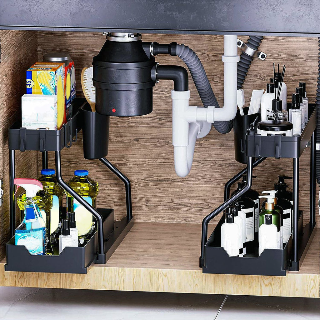 2 Pack 2-Tier Under Sink Organizer L-Shape Sliding Cabinet Organizers Storage Shelves with 8 Removable Hooks 2 Hanging Cups for Bathroom Kitchen Office