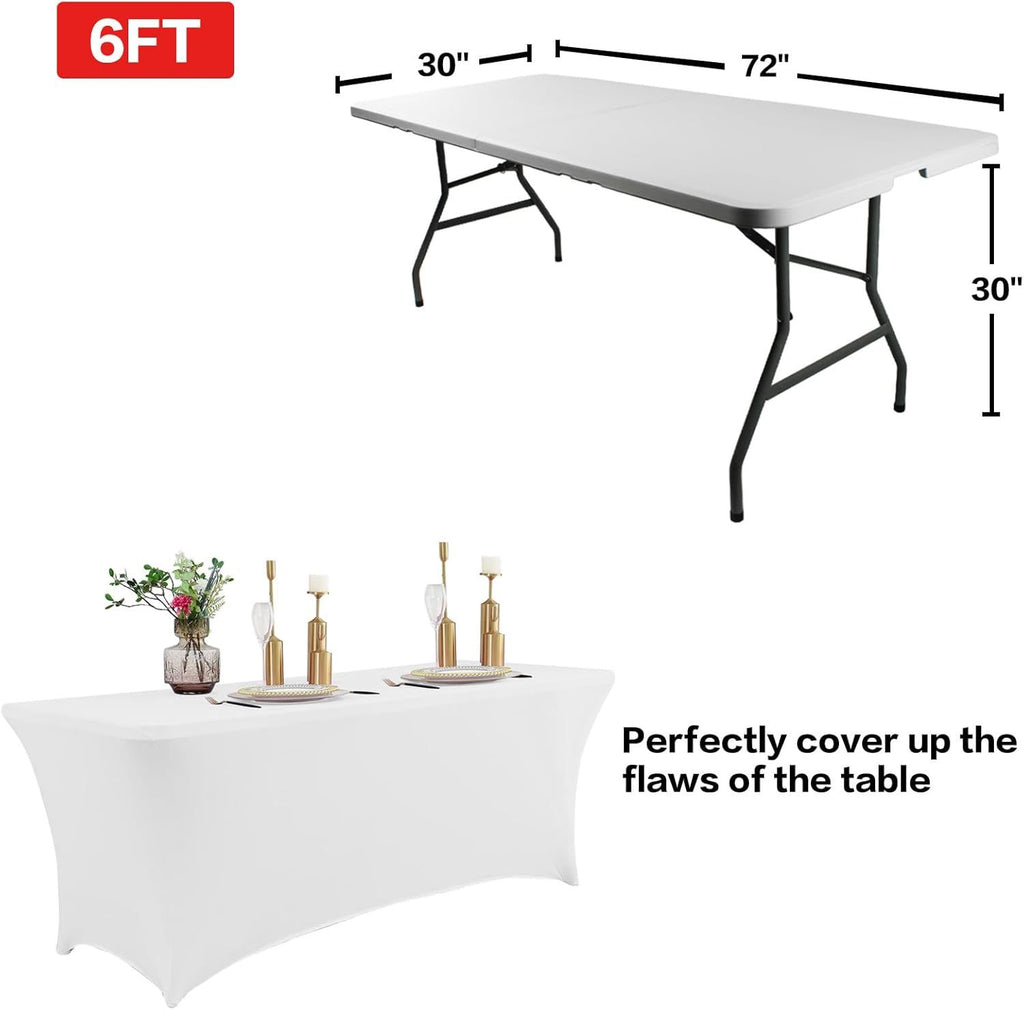 2 Pack 6FT Table Cloth for Rectangular Fitted Events Stretch White Table Covers Washable Spandex Spring Tablecloth Protector for Party, Wedding, Cocktail, Banquet, Festival