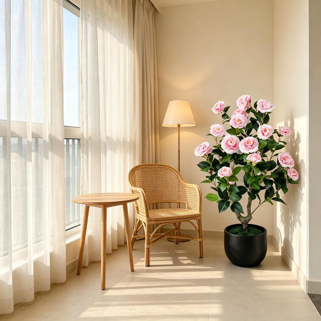 2-Pack Artificial Camellia Tree Faux Flower Plant Cement-Filled Pot Durable Home Decorative Fake Flower Garden Greenery