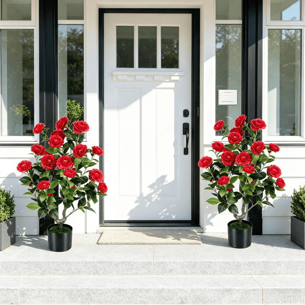 2-Pack Artificial Camellia Tree Faux Flower Plant Cement-Filled Pot Durable Home Decorative Fake Flower Garden Greenery