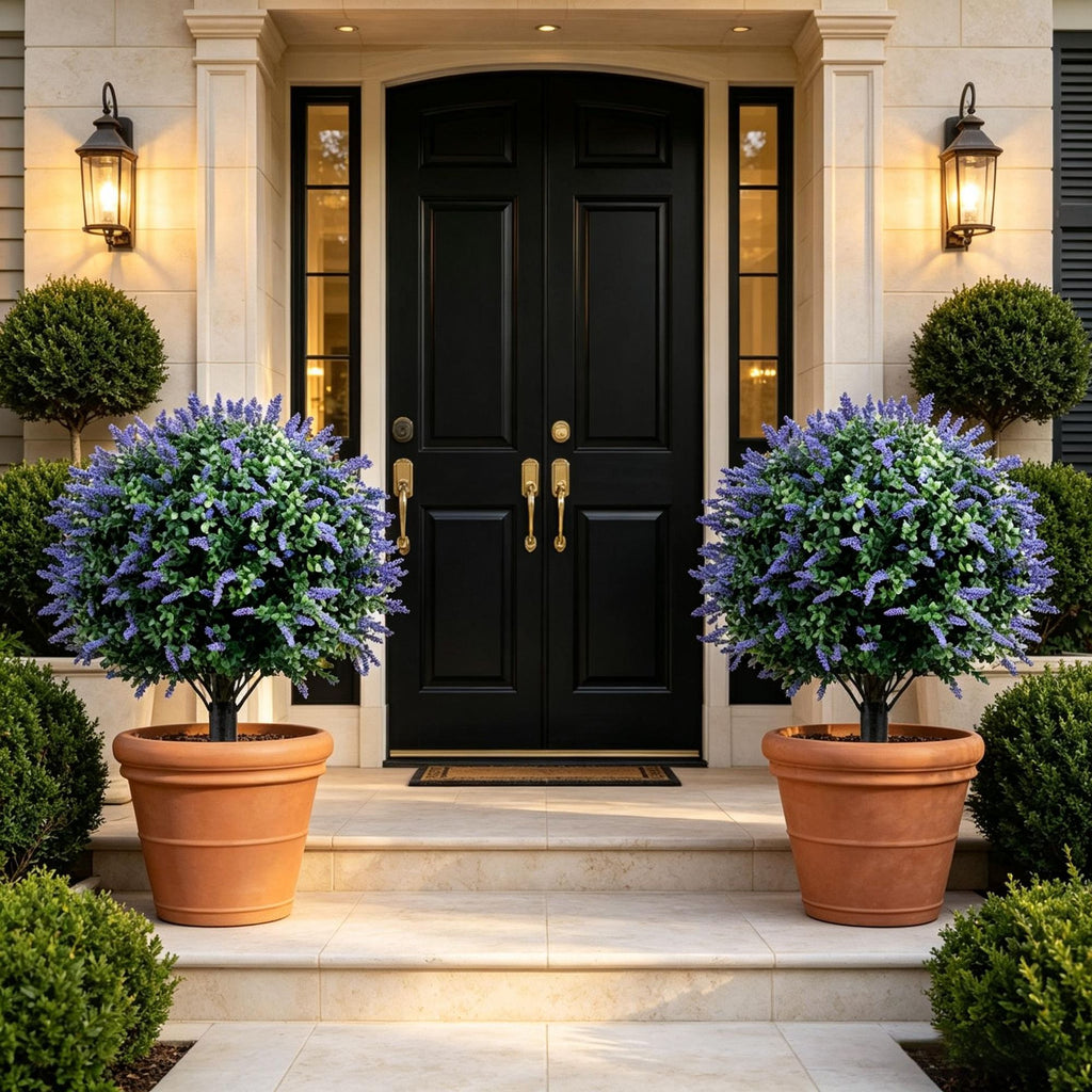 2 Pack Artificial Lavender Boxwood Topiary Ball Trees Greenery Topiaries with Ground Spikes for Home Decor