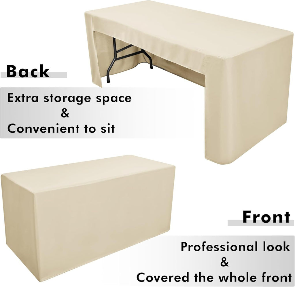 2 Pack Beige 6ft Table Cloth Fitted-Open Back Folding Fabric Table Cover Washable Table Cloth for Rectangular Table, Trade Show, Parties, Wedding, Banquet, Buffet, Jewelry Shows, Craft Fair