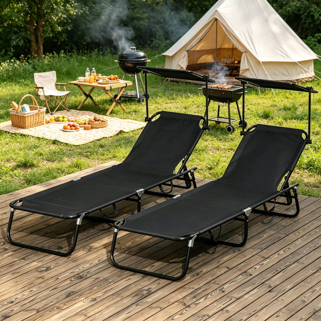 2-Pack Black Chaise Pool Lounge Chairs Outdoor Sun Tanning Reclining Back Steel Frame with Side Pocket for Garden