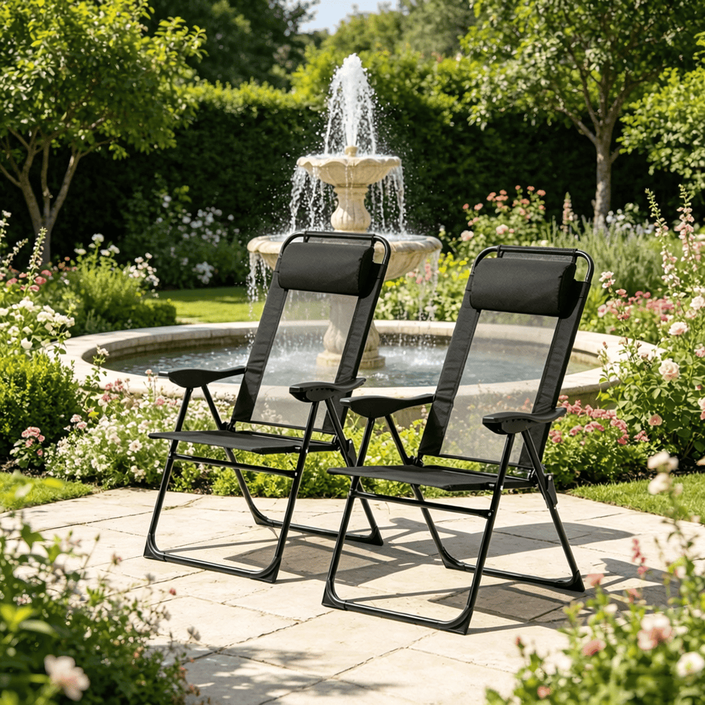 2-Pack Black Folding Patio Dining Chairs Outdoor Adjustable Sling Back Camping Lawn Garden Chair with Removable Headrest