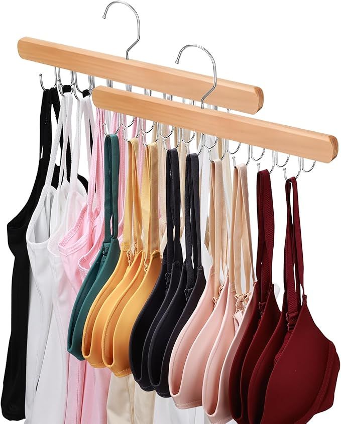 2 Pack Bra Hanger for Closet Organizer, Premium Wooden Tank Top Hangers with 40 Foldable Hooks, 360° Rotating Design, Space Saving Storage for Tank Tops, Bras, Scarves and More