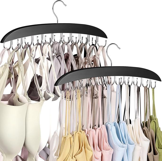 2 Pack Bra Hangers for Closet Organizer, Wooden Tank Top Hanger, Bra Organizer with 40 Stainless Steel Hooks, Closet Organizers and Storage for Bras Camis Belts Ties, Bla