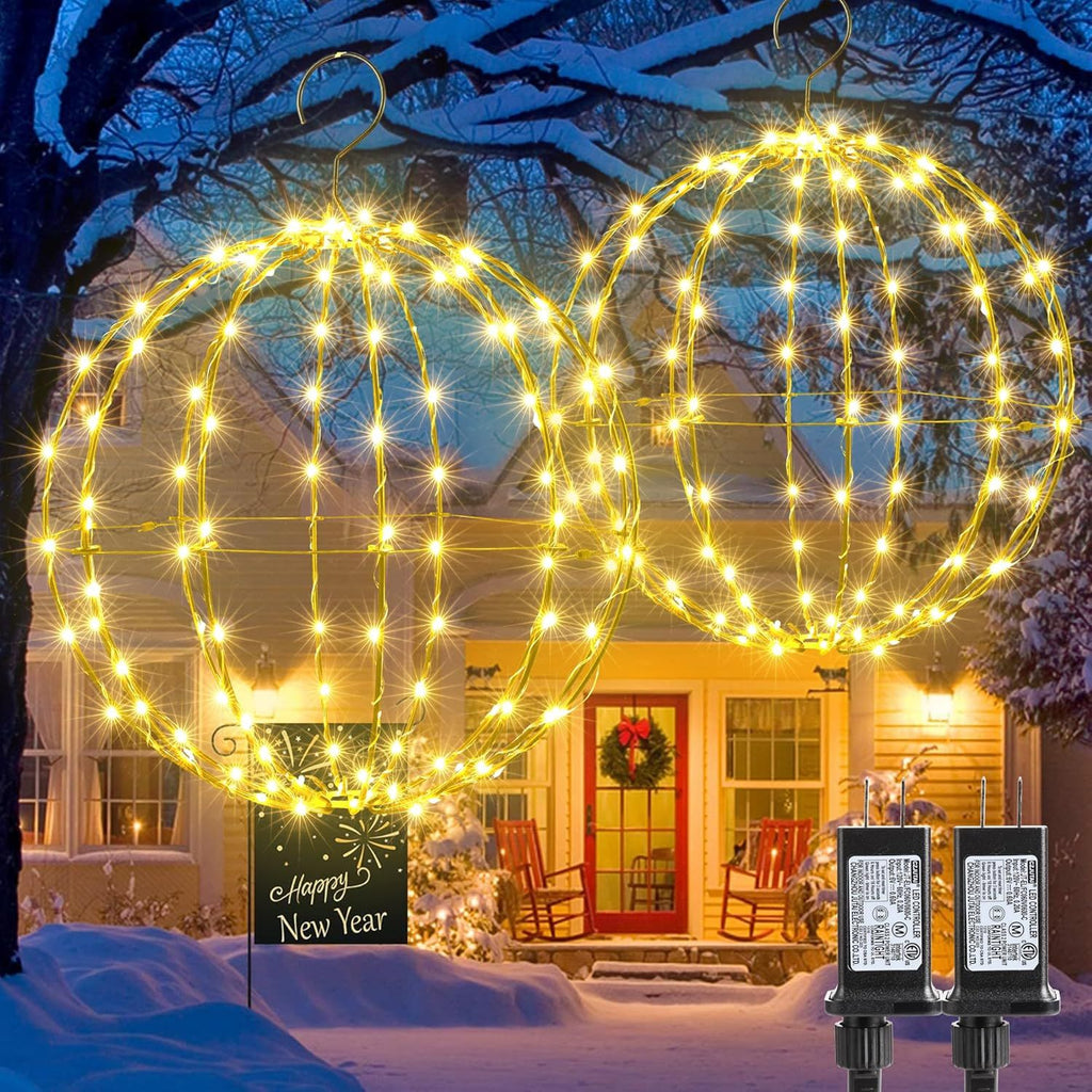 2 Pack Christmas Ball Lights, 13IN & 11IN Foldable Metal Sphere Light, Connectable Waterproof 8 Modes with Timer, Hanging Tree Globe Lights for Holiday Christmas Decorations (Warm White)