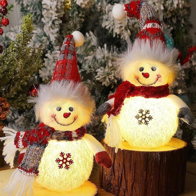2 Pack Christmas Table Decorations, 10 Inch Lighted Plush Snowmen Figurines, Light Up Snowman Holiday Present, Battery Operated Xmas Gifts Winter Tabletop Ornaments Dinner Party Supplies