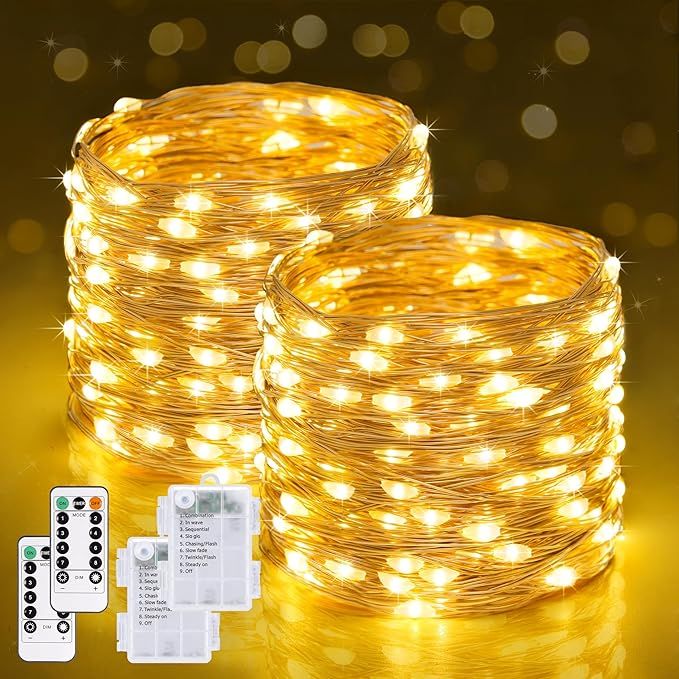 2 Pack Fairy Lights Battery Operated with Remote, Total 400 LED 132ft Battery Powered String Lights, Christmas Twinkle Lights for Bedroom Indoor Outdoor Patio Tree Christmas Decor, Warm White