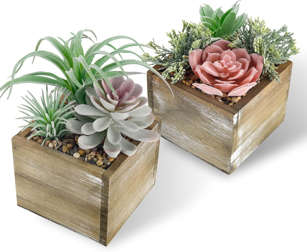 2 Pack Fake Plants Succulents Plants Artificial Cactus Plants in Wood Pots with Pink Flowers for Farmhouse Bathroom Decor