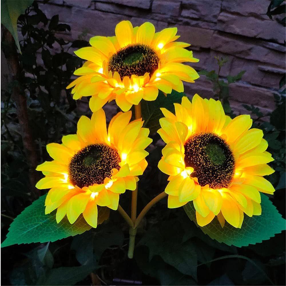 2 Pack Flashing Outdoor Solar Garden Stake Lights,Upgraded LED Solar Powered Light with 3 Heads Sunflower, Waterproof Solar Decorative Lights for Garden, Patio, Backyard
