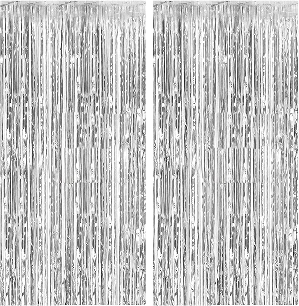 2 Pack Foil Curtain Backdrop Silver Metallic Tinsel Foil Fringe Curtains Photo Booth Props for Birthday Wedding Engagement Baby Shower Bachelorette Christmas Holiday Celebration Party Decorations