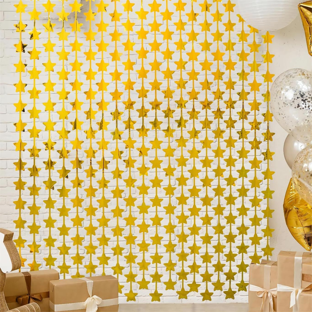 2 Pack Gold Stars Birthday Decorations 3.3X6.6 ft Golden Party Backdrop Foil Fringe Curtains for Bridal Baby Shower Wedding Anniversary Congrats Retirment Christmas Decors Photo Booth Props