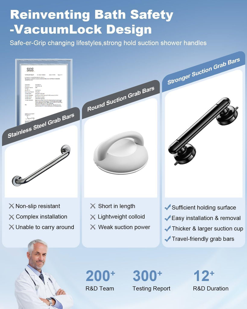 2 Pack Grab Bars for Bathtubs and Showers, No Drilling & Removable Shower Grab Bar Easy to Install, Heavy Duty Suction Grab Bars for Shower, Safety Shower Handle for Balance (11 inch)