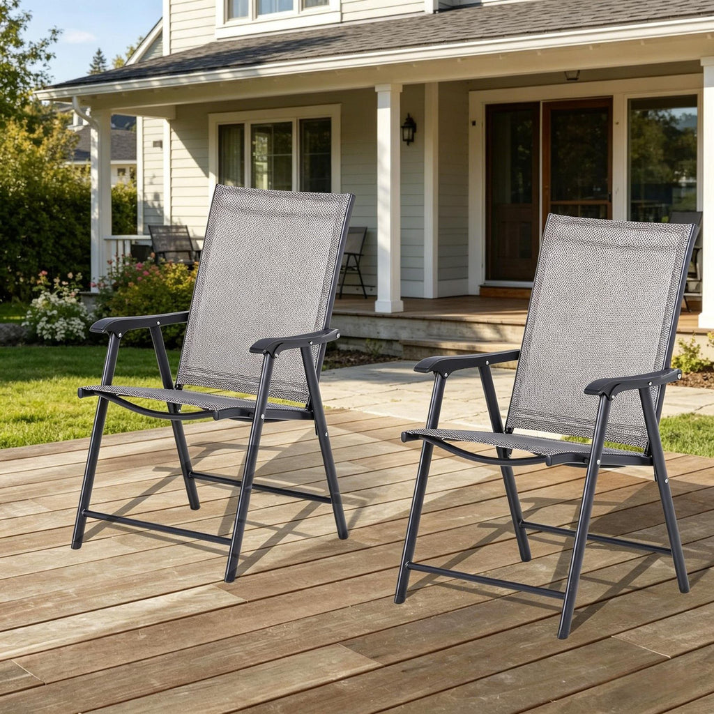 2-Pack Gray Outdoor Folding Chairs with Armrests Stackable Patio Dining Chairs Metal Frame for Garden Or Deck