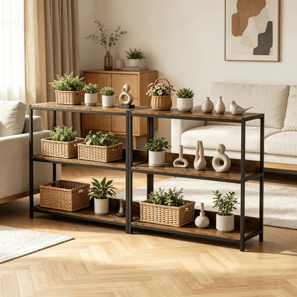 2-Pack Industrial Bookshelf 3-Tier Metal Frame Rustic Brown Multi-Functional Storage for Living Room Bedroom Kitchen