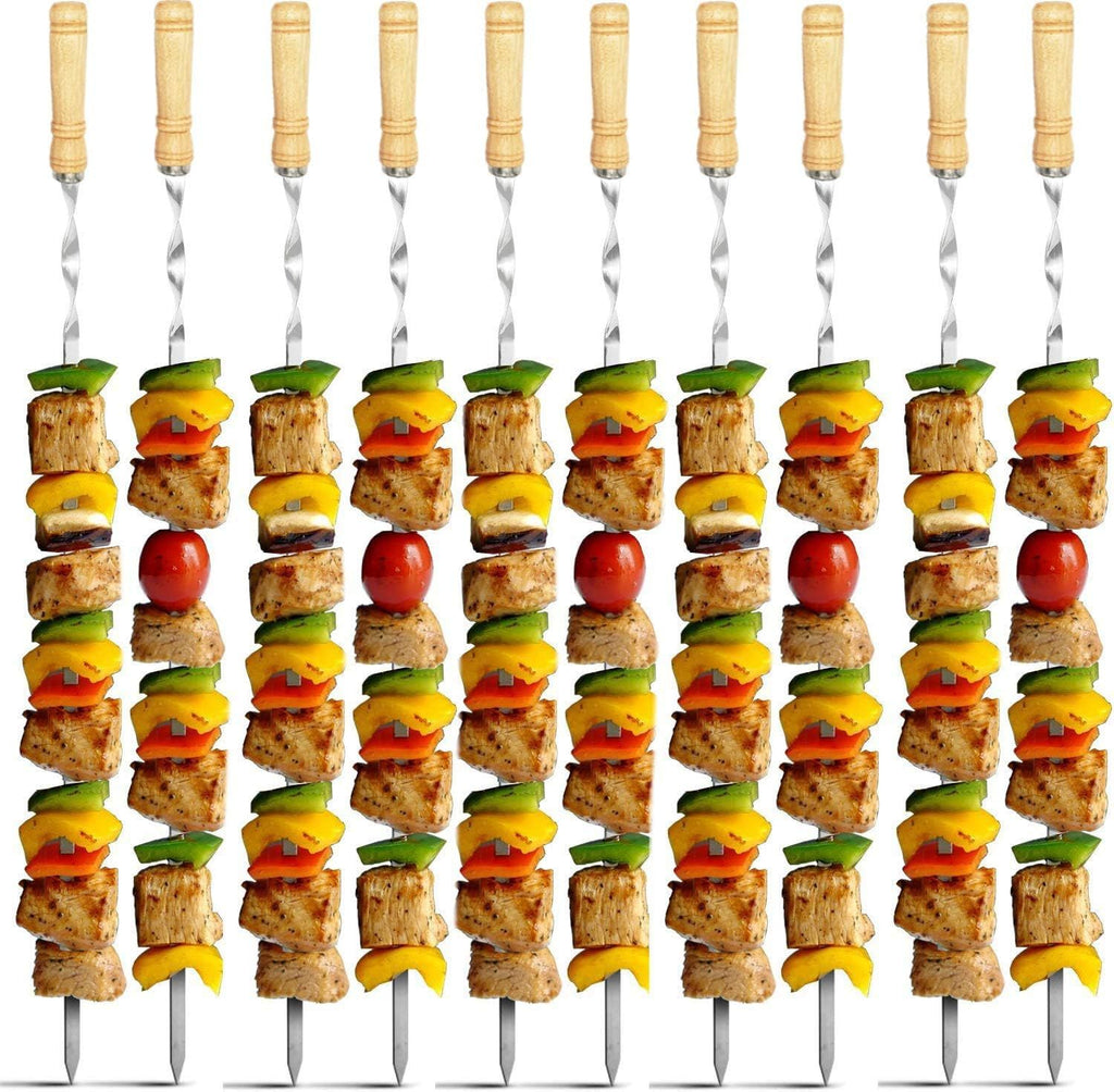 2 Pack Kebab Skewers 23.5 Inch BBQ Barbecue Skewers Stainless Steel Sticks Heavy Duty Large Wide Reusable with Nonslip Wooden Handle Ideal for Shish Kabob Chicken Shrimp and Vegetables;