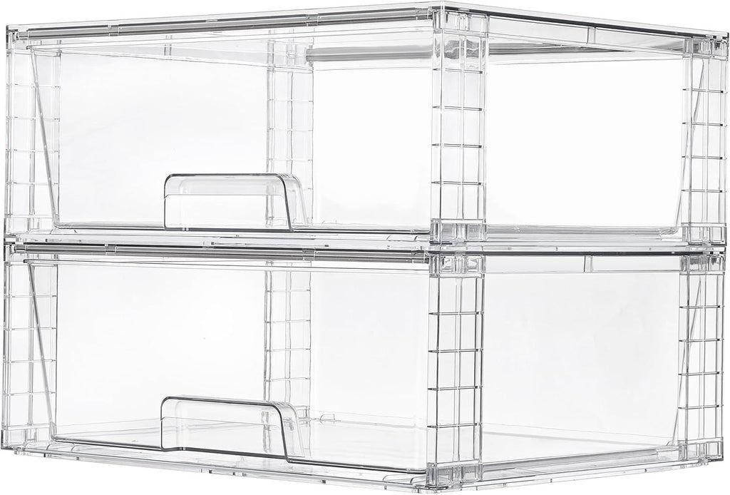 2 Pack Large Stackable Storage Drawers,Easily Assemble Clear Acrylic Bathroom Closet Undersink Organizers,Plastic Storage Bins for Cabinet,Kitchen Pantry,Medicine Organization