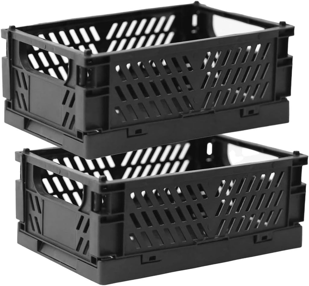 2-Pack Mini Foldable Plastic Storage Box Mini Plastic Baskets for Organizing and Storage for Home Kitchen Bedroom Bathroom Office. (Black, 5.9x3.8x2.2)