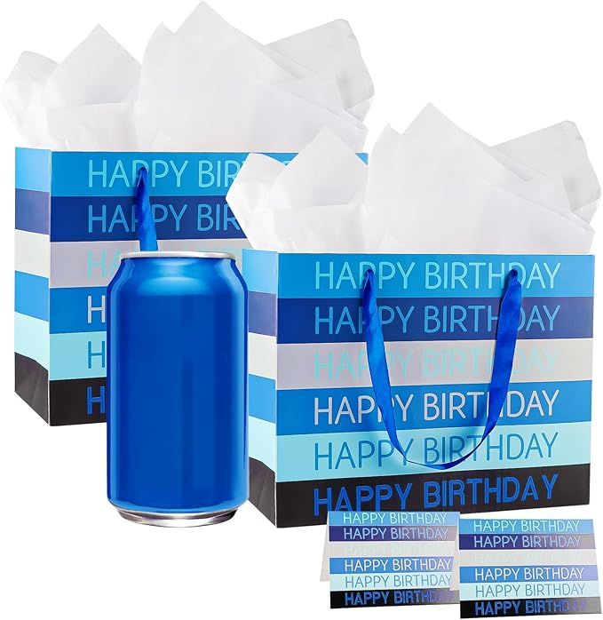 2 Pack Premium Blue 6" Small Happy Birthday Gift Bags Set with Tissue Paper and Greeting Cards Present Bags Perfect for Men Boy Kids Anniversary Birthday Party Celebrations