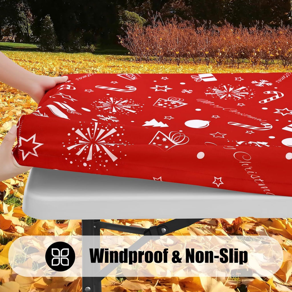 2 Pack Rectangle Christmas Table Cloth, Waterproof Elastic Fitted Tablecloths, Washable Polyester Rectangular Patio Table Cover for Christmas Dinner