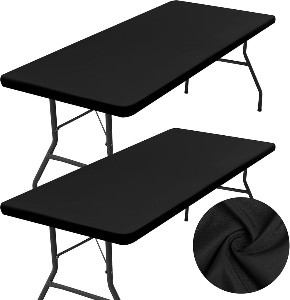 2 Pack Rectangle Table Cloth, Elastic Fitted Fabric Tablecloth Fits for 6 Foot Folding Tables, Washable Table Cover for Picnic