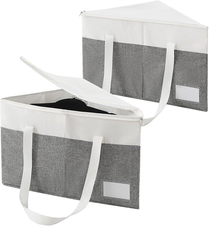 2-Pack Rigid Hanger Organizer Bags with Lid, Triangle Hanger Storage Organizers for Closet, Laundry Room, Wardrobe, Drying Rack, Dustproof Space Saving Holder, Grey & White
