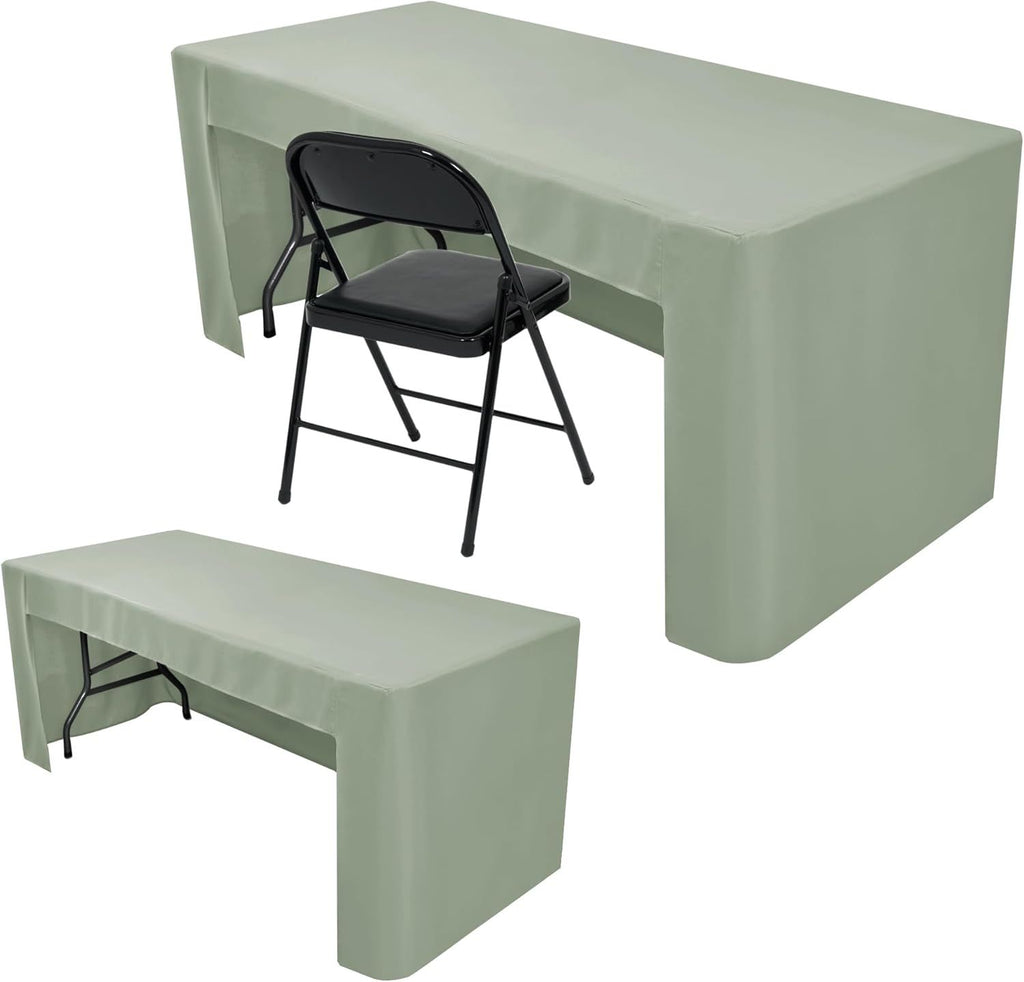 2 Pack Sage Green 6ft Table Cloth Fitted-Open Back Folding Table Cover Washable Fabric and Wrinkle Resistant Table Cloth for Trade Show, Book Fair, Career Fair, Convention, Events