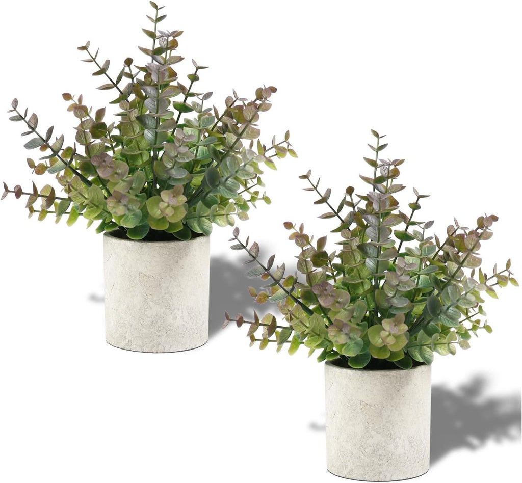 2 Pack Small Fake Plants Greenery Eucalyptus Potted Artificial Plants for Shelf Desk Home Bathroom Farmhouse Room Coffee Table Decor (Purple)